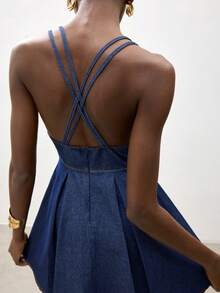 Maija Đầm denim nữ kiểu dáng thường ngày, cổ chữ V khoét sâu, hở lưng, thích hợp cho mùa hè. - Rửa trung bình - Xem 8