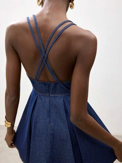 Maija Women's Casual Deep V-Neck Backless Denim Dress, Summer