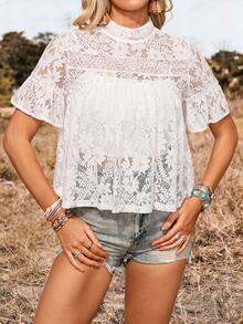 LanaWest Women's Summer Lace Ruffle Hem Sheer Short Sleeve Blouse - White - View 5