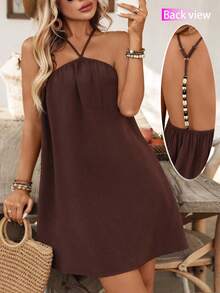 Swim Vcay Đầm mùa hè dành cho nữ, màu trơn, không tay, cổ yếm, hở lưng, dáng rộng, thích hợp đi biển, trang trí ngọc trai. - Cà phê nâu - Xem 3