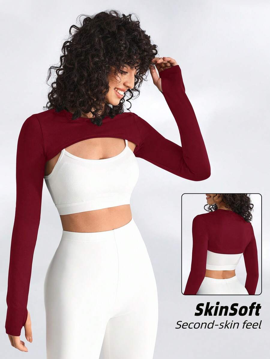 SHEIN Cheerettes 女士简约纯色弹力拇指孔超短运动T恤，夏季 - 紅色 - 查看 1