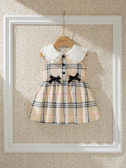 Souflis Souflis 法式新款女童夏季薄款格子白领无袖可爱甜美连衣裙，适合购物和户外活动