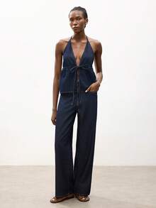 Maija Áo kiểu denim hở lưng cổ yếm gợi cảm dành cho nữ mùa hè - Rửa tối - Xem 7