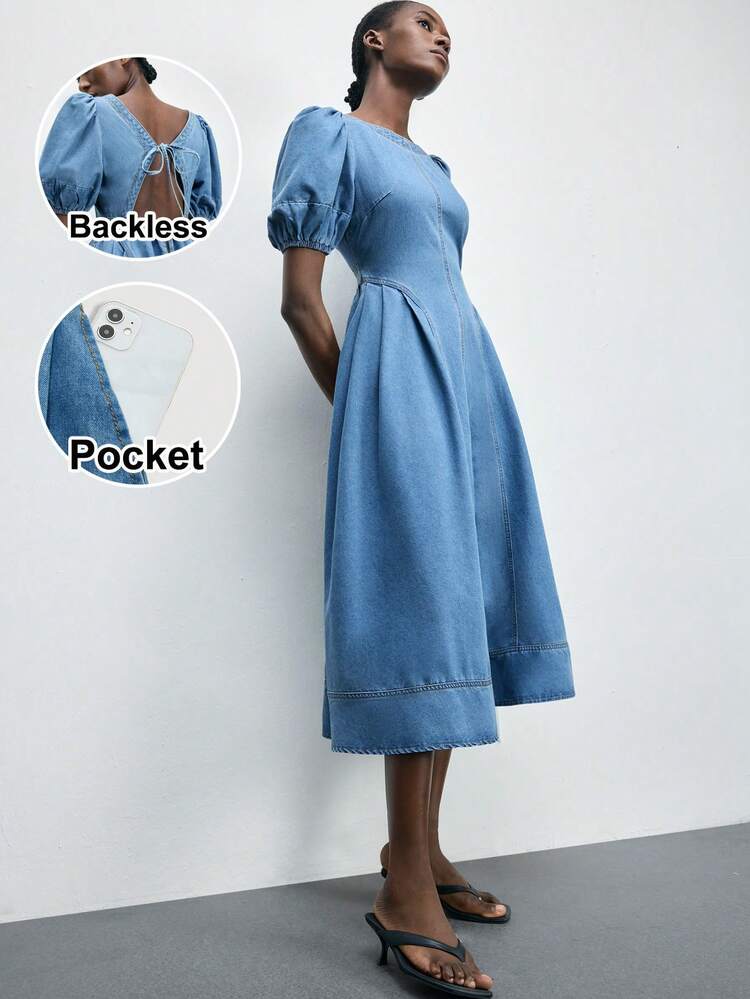 SHEIN Maija Women's Solid Color Backless Tie-Front Casual Short Sleeve Denim Dress