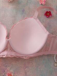 FloralLove Pink Floral Embroidery 3/4 Cup Padded Push Up Romantic Comfortable Daily Plus Size Bra & Wireless Bra - Pink - View 6