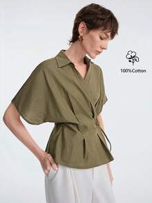 Aalyst Women's Summer Casual Linen Cotton Collared V-Neck Wrap Tie Waist Short Sleeve Shirt, Military Green - Army Green - View 3