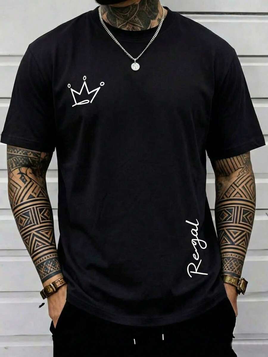 Manfinity Homme 男士皇冠字母印花短袖家居服上衣 - 黑色 - 查看 1