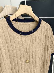 Franclia New Casual Loose Korean Style Round Neck Textured Contrast Color Pullover Sweater For Women, Spring/Autumn - Apricot - View 3