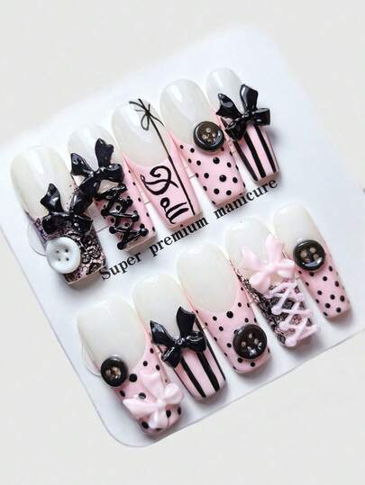 ROMWE Anime 10 Pieces Of Cute Wind Bow Button Elements High-Quality Handmade Fake Nail Pieces + 3 Pieces Of Double-Sided Tape, Ballet Wind Pink And Black Contrasting Color French Removable Medium And Long Coffin-Shaped Wearing Armor, Reusable High-Quality Black Lace Fake Nail Pieces In All Seasons, Suitable For Holiday Parties, Dances And Daily Wear.