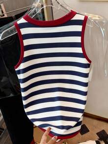 Resyla 女士夏季休闲度假通勤龙虾刺绣撞色条纹圆领背心 - 彩色 - 查看 2