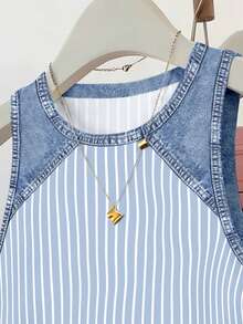 SHEIN Women's Waist Cinched Multicolor Stripe Denim Patchwork Print Graphic Tee Tank Top Shirt - Multicolor - View 4