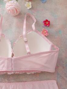 Elorette 2pcs Set Bra Balconette Nyaman dengan Kawat Penyangga dan Bantalan, Motif Bunga Bordir, 3/4 Cup, Lucu, Segar, Romantis, Punggung Terbuka, Dekorasi Pita, Set Pakaian Dalam Ukuran Besar - Berwarna merah muda - View 10