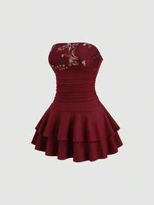 Sweetra Y2K Sexy Beaded Embroidered Floral Sweetheart Neckline Ruffle Hem Dress - Burgundy - View 3
