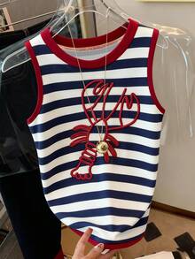 Resyla 女士夏季休闲度假通勤龙虾刺绣撞色条纹圆领背心 - 彩色 - 查看 3