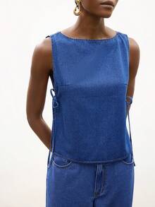 Maija 女士休闲无袖牛仔上衣，侧开衩，夏季 - 中等水洗藍 - 查看 7