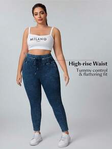 Flexra Plus Size Solid Color Drawstring Waist Elastic Slant Pocket Skinny Jeans - Dark Wash - View 5