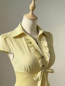 Elamini Women's Black & White Striped Hem Patchwork Design Button-Up Ruffle Collar Short Sleeve Fitted Blouse, Sexy Retro European And American Style - Yellow - View 6