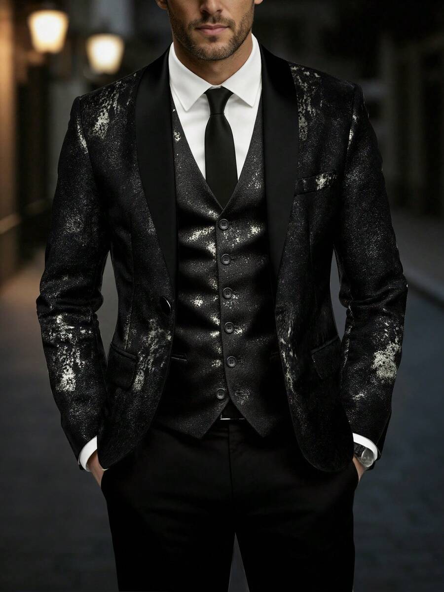 Manfinity AFTRDRK Fashionable Business Commute Gold Foil Men's Suit Jacket - Black - View 1