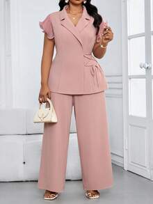 SHEIN Lady CURVE Bộ đồ nữ cỡ lớn màu trơn cổ ve lật thắt eo và quần ống rộng kiểu dáng thường ngày. - Hồng - Xem 6