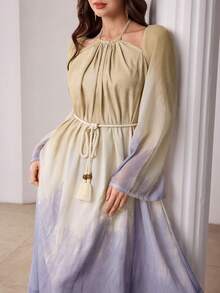 Modelyn 女士优雅浪漫长款雪纺连衣裙，带领，串珠抽绳腰带，春夏款 - 彩色 - 查看 6