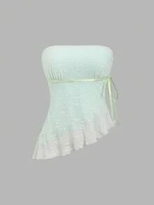 Sweetra Áo croptop cúp ngực ren nơ lệch vạt gợi cảm phong cách Y2K - Màu xanh Bạc hà - Xem 3