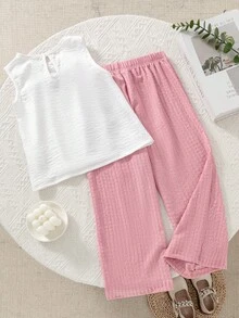SHEIN 2pcs/Set Toddler Girls' Cute 3D Bow Sleeveless Top And Wide Leg Cropped Pants Set,Summer Family Matching Kids Clothes Outfit For Vacation & Outings - Multicolor - View 2