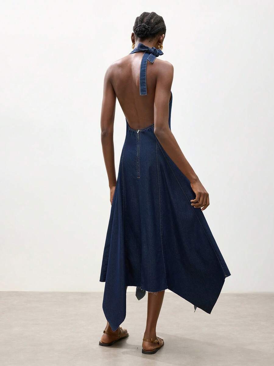 Maija 女士休闲露背吊带不对称下摆牛仔连衣裙 - 深色水洗藍 - 查看 1