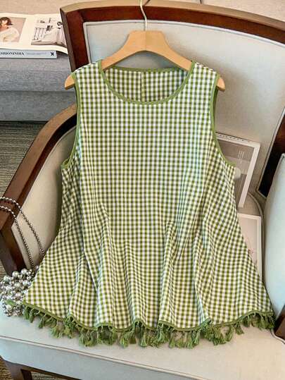 Weeklong Plus Size Plaid Print Tassel Decor Casual Tank Top, Summer