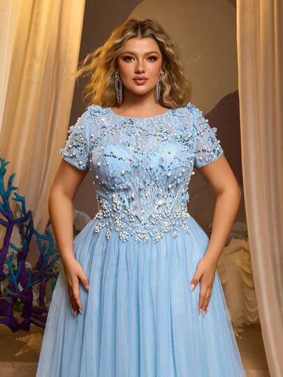 Glamrae Plus Size Elegant Romantic Blue Puff Sleeve French Lace 3D Floral Waist Sheer Mesh A-Line Dress, Suitable For Wedding, Party, Celebration, Formal Evening Gown (Intricate Design)