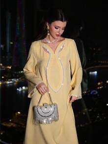 Al Najma 女士优雅休闲阿拉伯风格编织连衣裙，饰有珍珠缎带，长袖，黄色，春夏款 - 黃色 - 查看 4