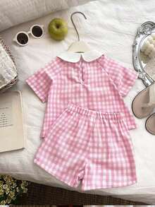 Souflis Souflis 2件套女婴幼儿新生儿春夏优雅公主风白色粉色彼得潘领荷叶边上衣+短裤套装 - 粉色 - 查看 2