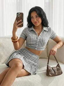 Sweetina 女士休闲格子领开衫上衣和腰部拼接A字裙两件套 - 黑與白 - 查看 5