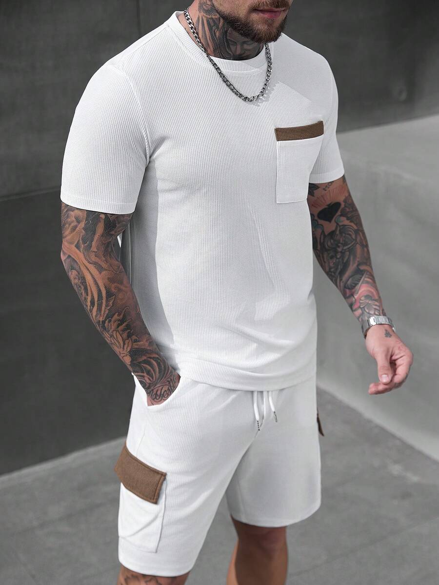 Manfinity Homme Men's 2 Pieces Outfits White And Brown,Summer Casual Vacation Short Sleeve Crew Neck Pocket T-Shirt And Slant Pocket Shorts Set Co Ord Sweatsuit - Grey - View 1