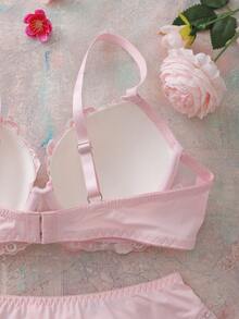 Conjunto de lencería con sujetador balconette acolchado con aros bordado con flores y babydoll lindo, fresco y romántico - Rosa - Ver 10