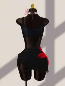 Zestiva Women's Swimsuit Set, Floral Print, Round Ring Connection, Asymmetrical Design Skirt Mesh Skirt, Summer Holiday Beach 2-Piece Set - Multicolor - View 2