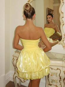 SHEIN Đầm mini phồng không tay trễ vai màu vàng, trang phục mùa xuân, đầm dự tiệc lễ hội, thời trang đường phố, đầm đi club cho nữ, đầm hẹn hò, đầm sinh nhật cho nữ, thanh lịch sang trọng, trang phục không thể thiếu cho bữa tiệc, đầm Giáng sinh, đầm Valentine, đầm năm mới, đầm lấp lánh - Màu vàng - Xem 2