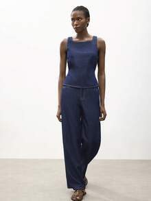 Maija Women's Casual Backless Tie Denim Vest And Pants Set, Summer - Dark Wash - View 8