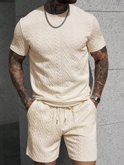 Manfinity CasualCool Men's Round Neck Short Sleeve T-Shirt And Drawstring Waist Pocket Shorts Casual Daily Outfit