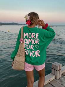 DrmWander Women's Casual Slogan & Heart Print Drop Shoulder Long Sleeve Sweatshirt, Suitable For Vacation - Dark Green - View 1