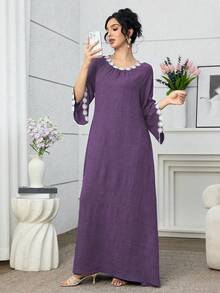 Al Najma Vestido feminino elegante e discreto com estampa floral 3D, estilo árabe, modelagem solta, ideal para primavera/outono. - Roxa - Ver 4