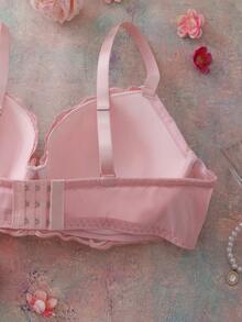 FloralLove Pink Floral Embroidery 3/4 Cup Padded Push Up Romantic Comfortable Daily Plus Size Bra & Wireless Bra - Pink - View 3