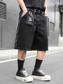 Manfinity EMRG Quần short denim đen nam kiểu dáng đường phố, thêu họa tiết, có khóa kéo. - màu đen - Xem 6