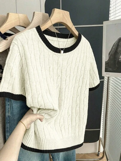 Franclia 新款休闲宽松韩版圆领麻花针织撞色套头毛衣，女款，秋/春季款