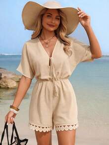 Swim Lushoire Bộ áo liền quần nữ mùa hè tay cánh dơi cổ chữ V thắt nơ tua rua phối ren tròn. - Màu Khaki - Xem 1