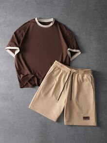 PAVTROS Men's Casual 2 Pieces Set Letter Print Color Block Round Neck Short Sleeve T-Shirt And Drawstring Shorts,All Shades Of Brown,Summer,Prom,Streetwear - Multicolor - View 3