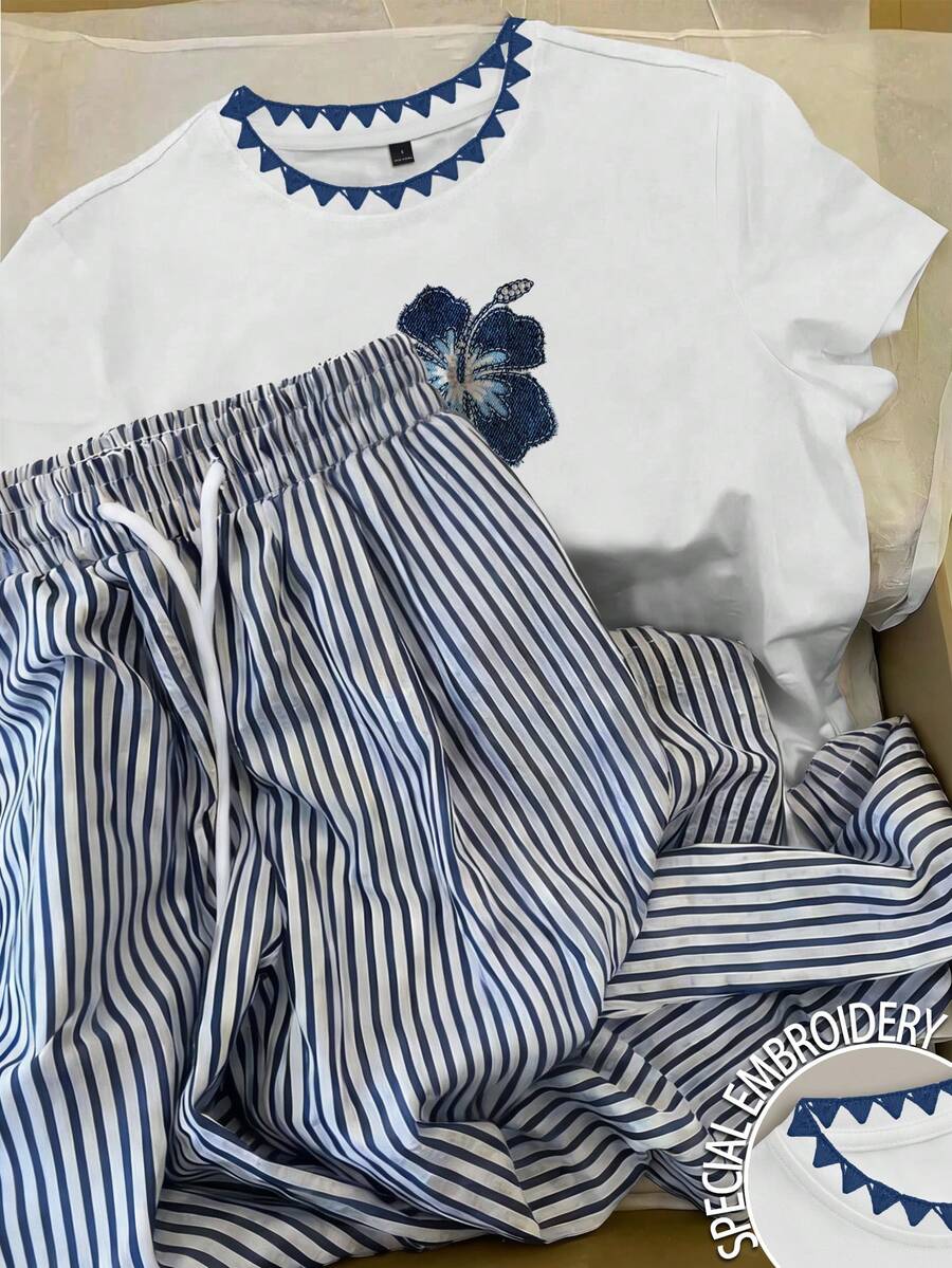 Resyla 女士休闲印花T恤和条纹裤两件套,夏季 - 白色 - 查看 1