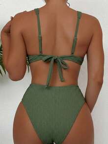 Swim Basics Conjunto de traje de baño minimalista de un solo color para uso diario de mujer - Verde militar - Ver 2