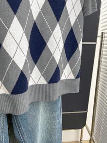 Franclia New Vintage College Style Colorblock Plaid Knit Pullover Sweater For Women, Spring/Summer - Grey - View 4