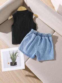 SHEIN Girls Casual Cute Outfit, Ribbed Turtleneck Vest With Rhinestone Bow + Denim Skort, Girls Spring/Summer Stylish Set - Black - View 2