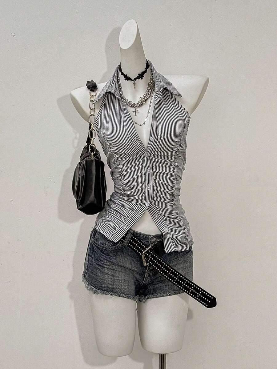 Jeanoix 女士条纹面料通勤办公休闲性感吊带衬衫 - 黑與白 - 查看 1